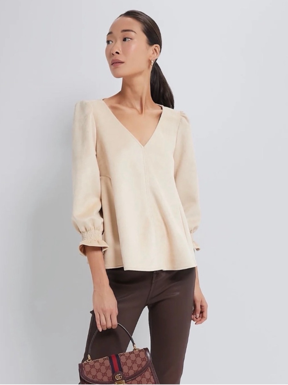 Tuckernuck Easton Faux Suede V Neck Puff Sleeve Blouse Beige Small